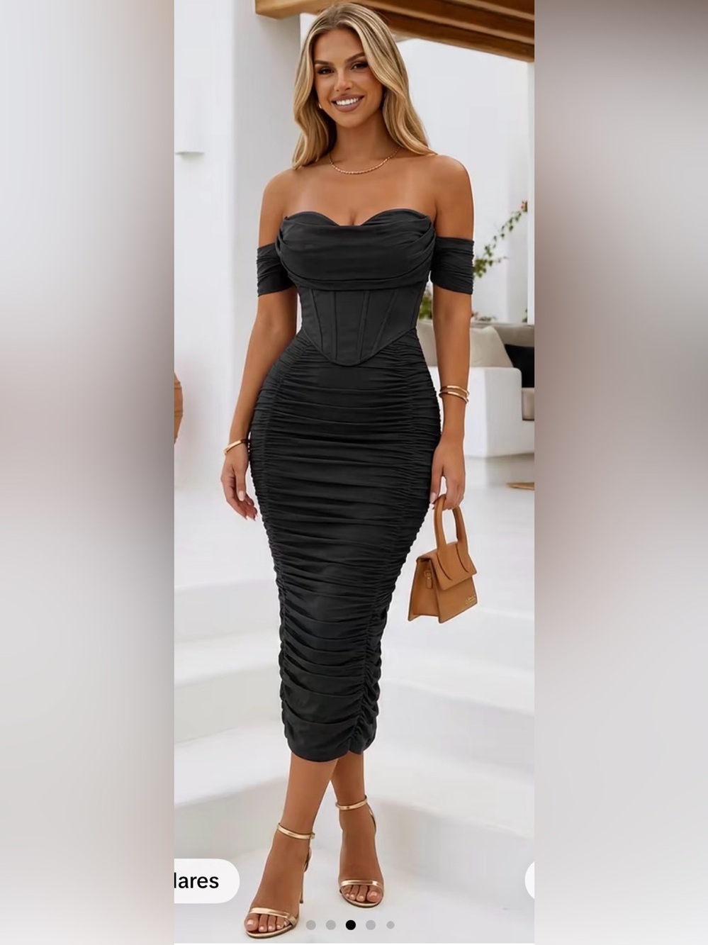 Off-Shoulder Ruched Corset Midi Dress — Black